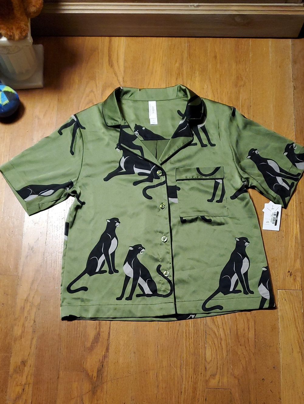 Auden Olive Green Short-Sleeve Pajama Top with Black Panthers